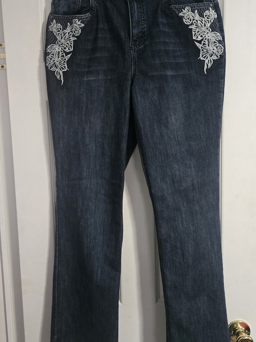 Christopher & Banks Dark Blue Flare Jeans with White Floral Embroidery